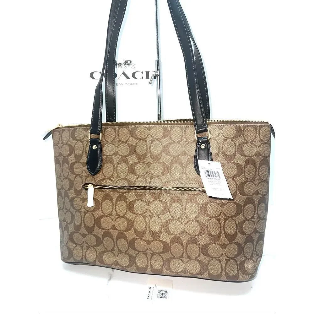 🔥🎁NWT! Coach Sig GALLERY Tote Handbag Khaki/Black Msrp:$378.00
